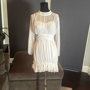 Women’s White Chiffon Long Sleeve Dress Halter Neck Ruffle Hem Size M